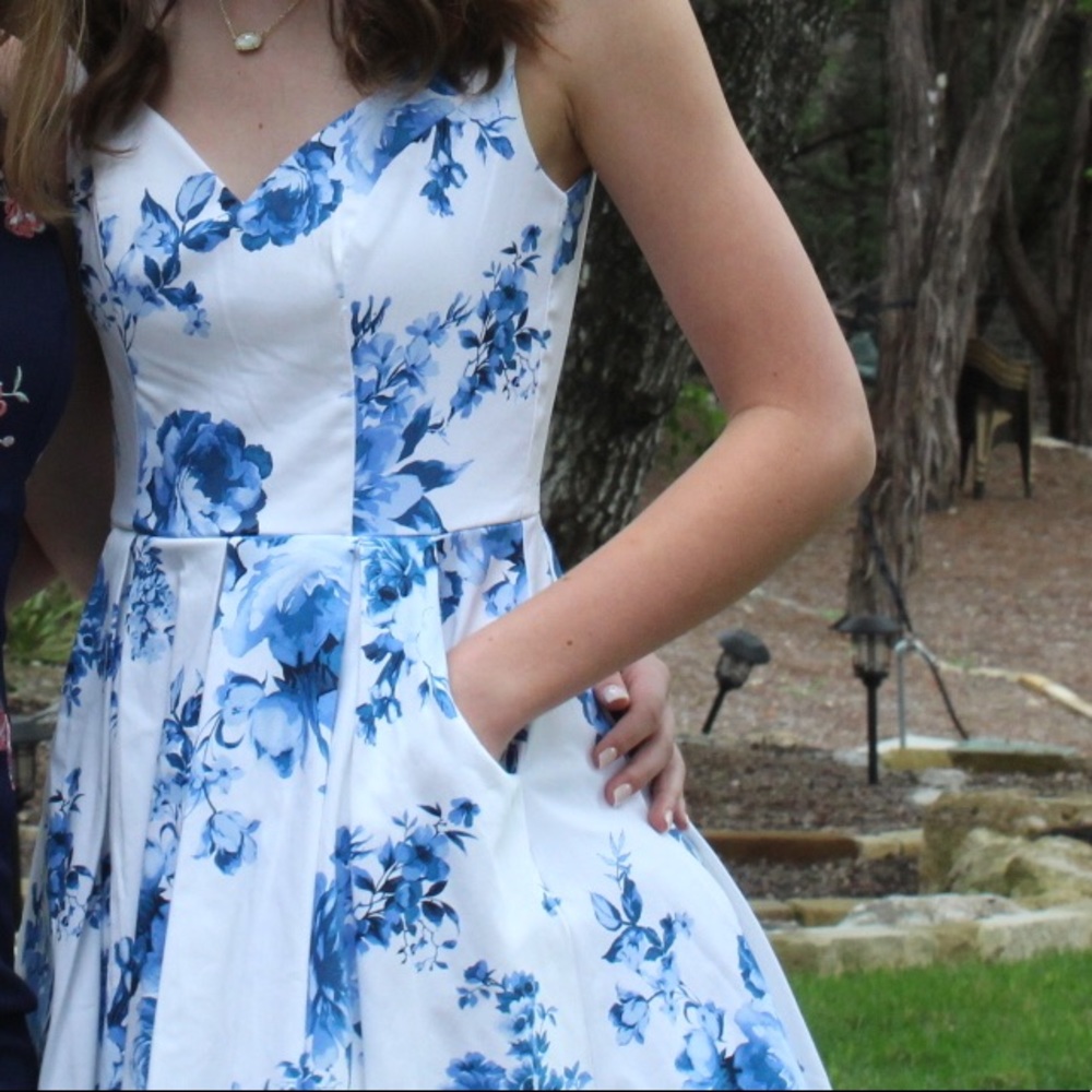 White Cocktail Dress with blue floral pattern